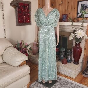 Mint Sequin V-Neck Evening Gown